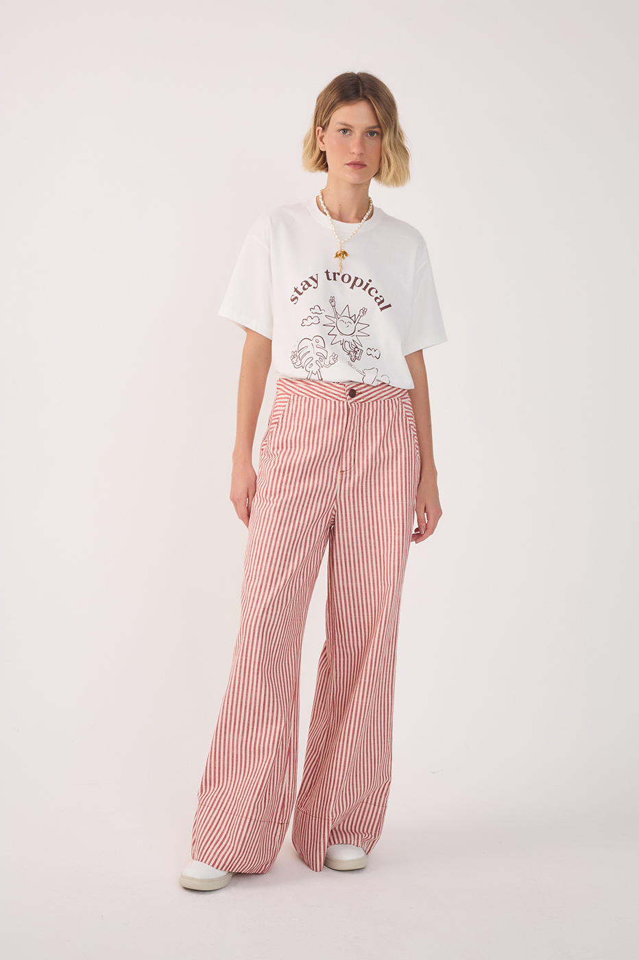 Red Stripes Pockets Wide-Leg Twill Pants_2
