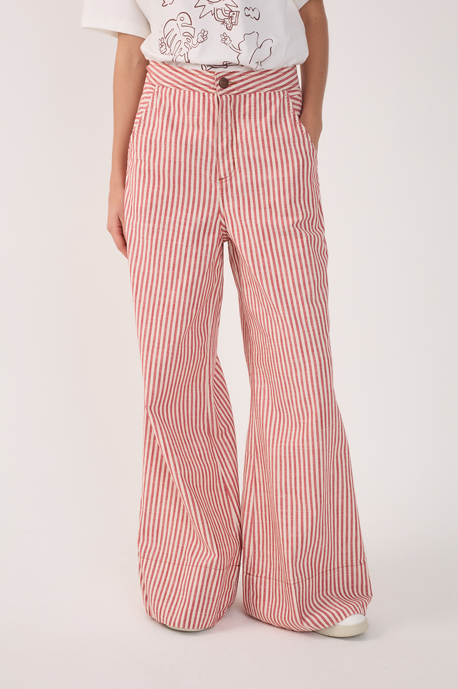 Red Stripes Pockets Wide-Leg Twill Pants_3