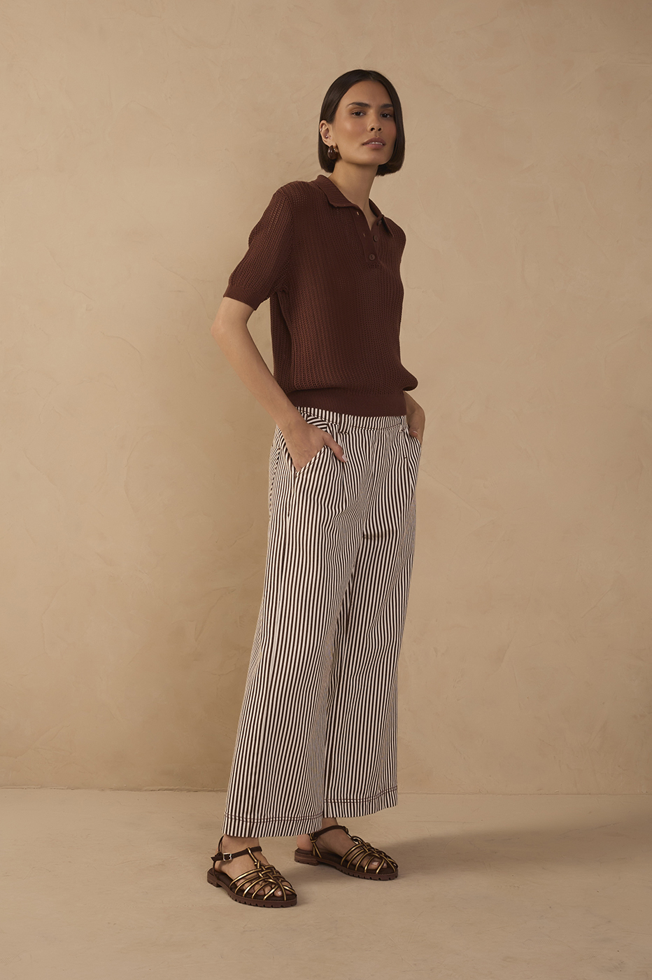 Brown Stripes Wide-Leg Twill Pants_1