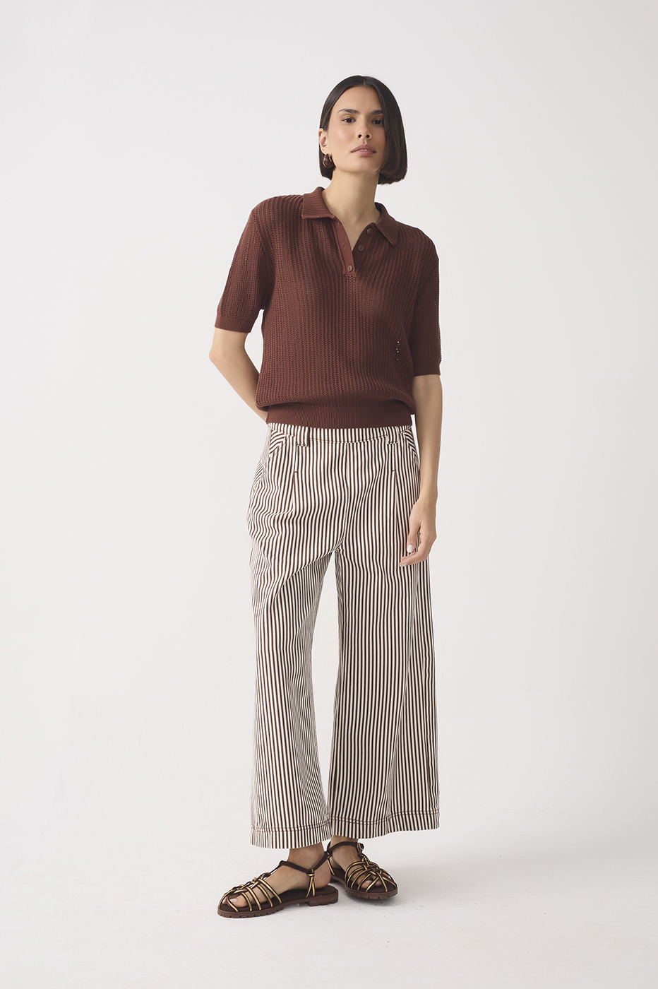 Brown Stripes Belt Loops Pockets Wide-leg Twill Pants_2