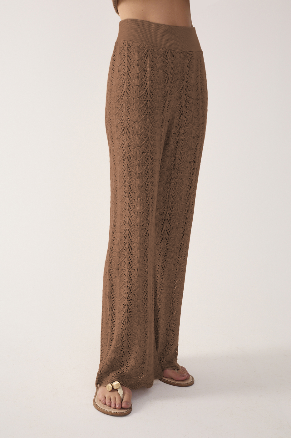 wide leg brown dress pants women Brown Knit Wide-Leg Cotton Pants in Chestnut Brown