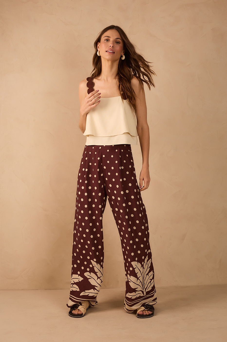 Brown Palma Pleats Wide-Leg Crepe Pants