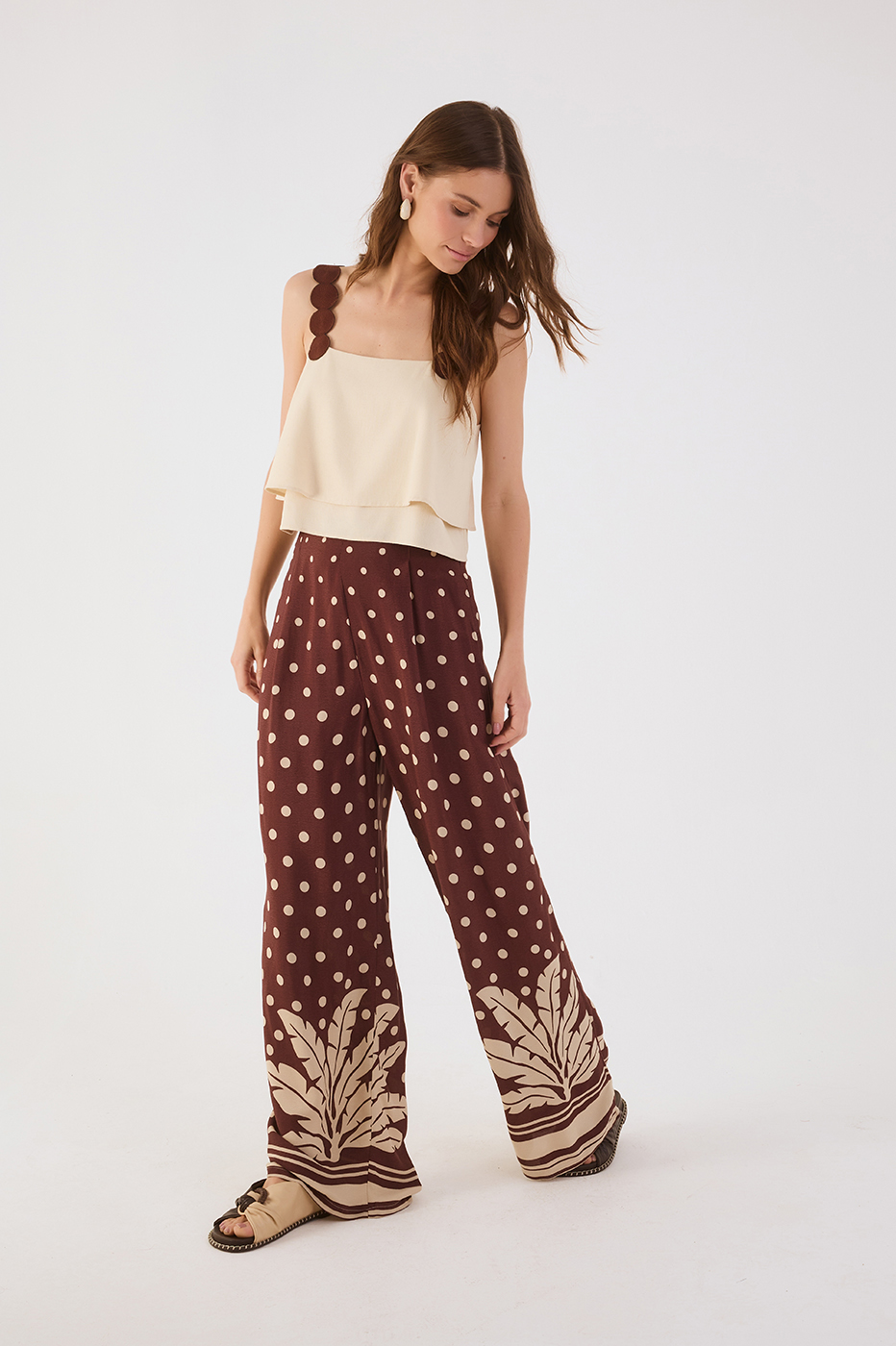 Brown Palma Pleats Wide-Leg Crepe Pants