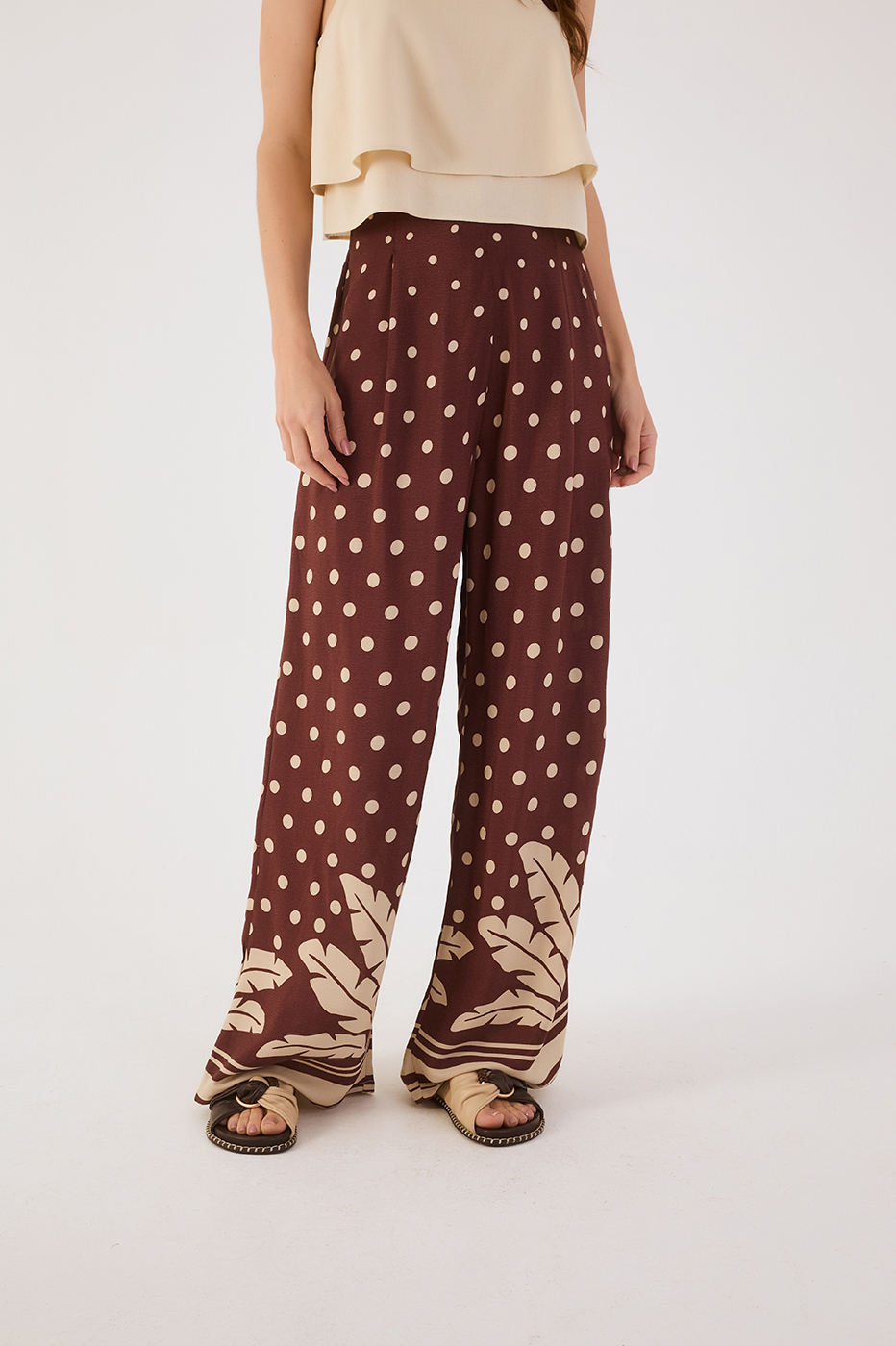 Brown Palma Pleats Wide-Leg Crepe Pants