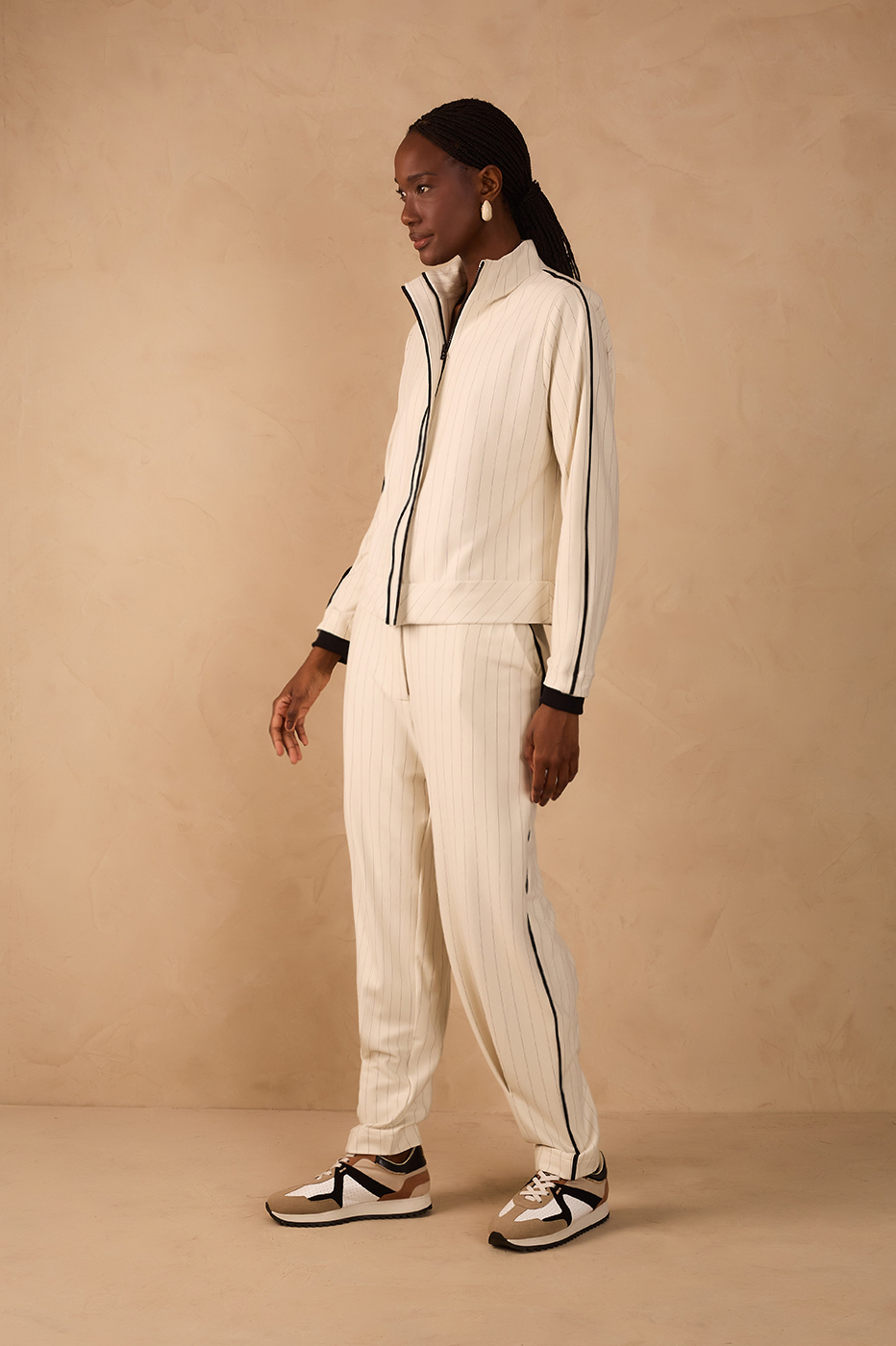 Beige Pinstripe Elastic Waist Pleats Pockets Tailored Pants