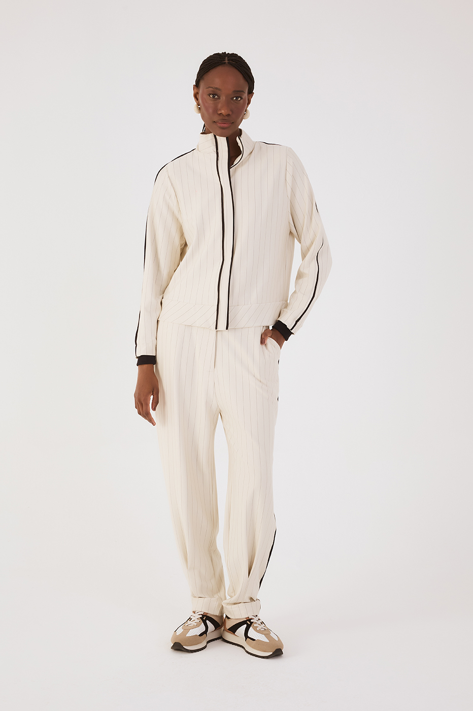 Beige Pinstripe Elastic Waist Pleats Pockets Tailored Pants
