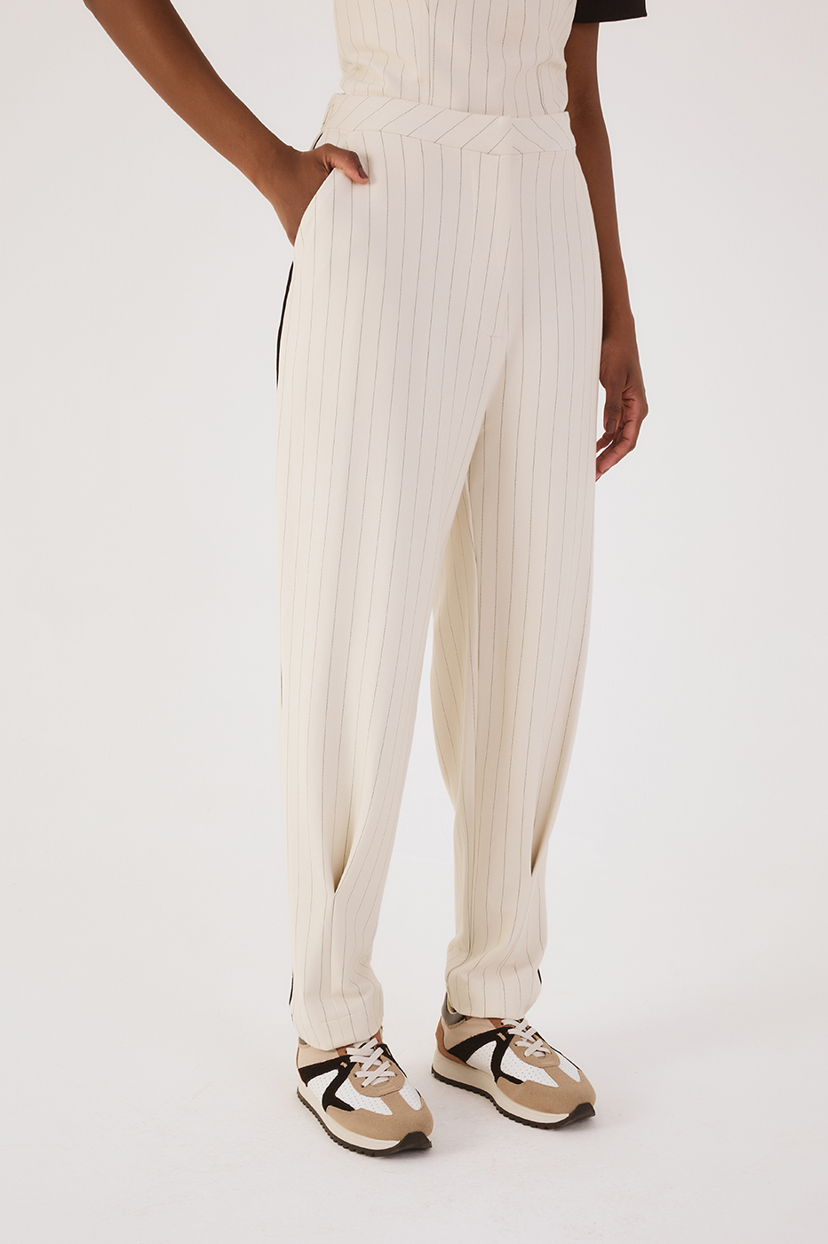 Beige Pinstripe Elastic Waist Pleats Pockets Tailored Pants