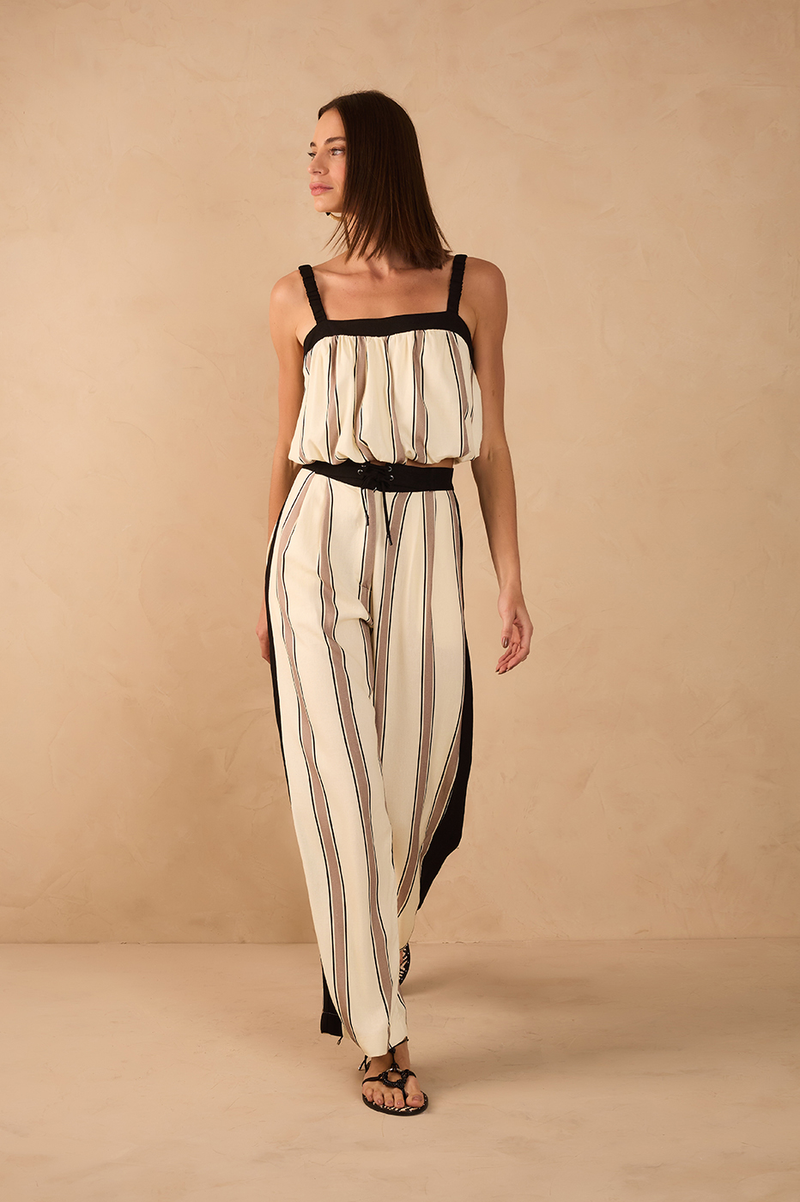 Beige Parque Stripes Drawstring Pockets Linen Pants_1