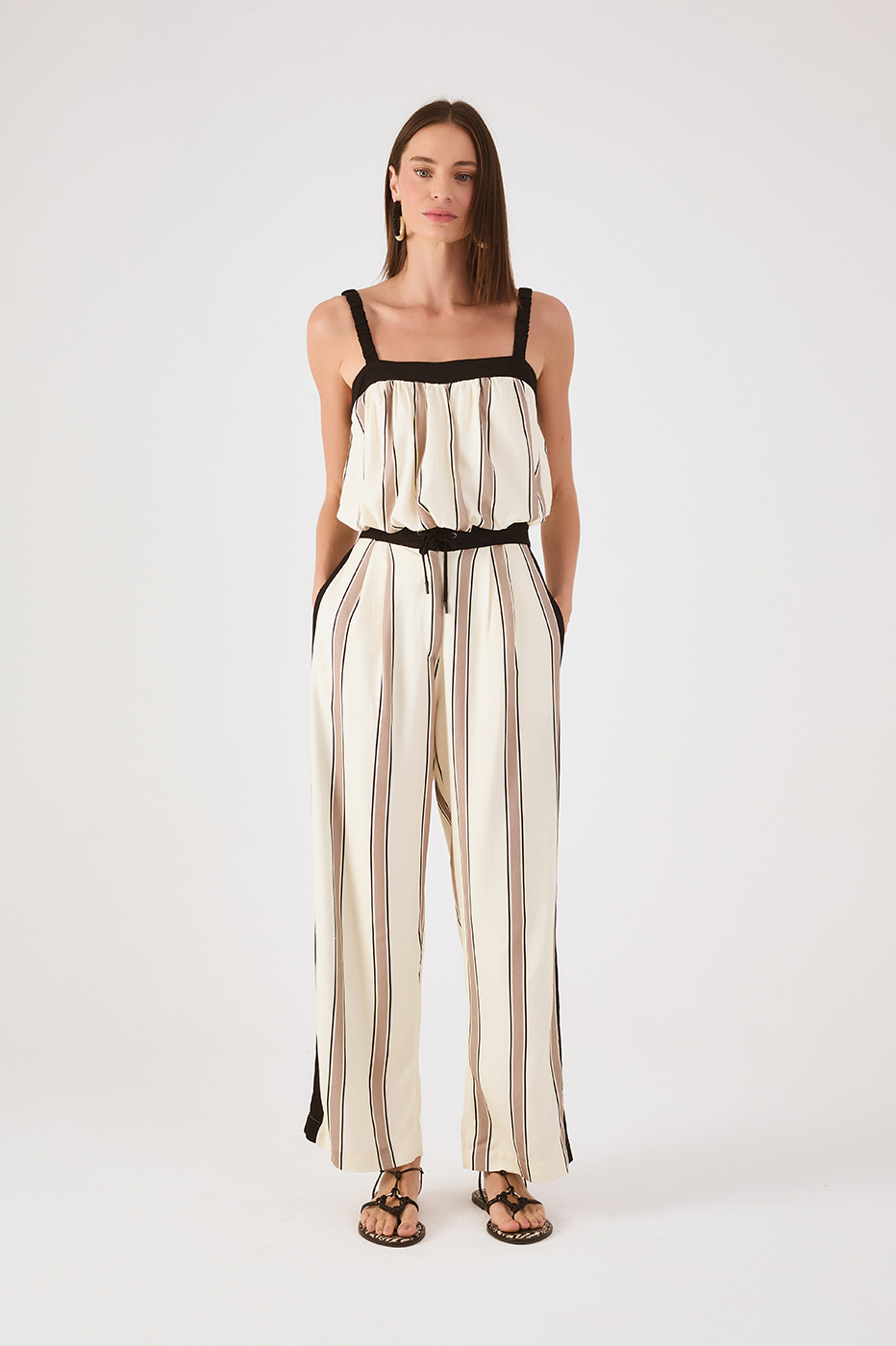 Beige Parque Stripes Drawstring Pockets Linen Pants