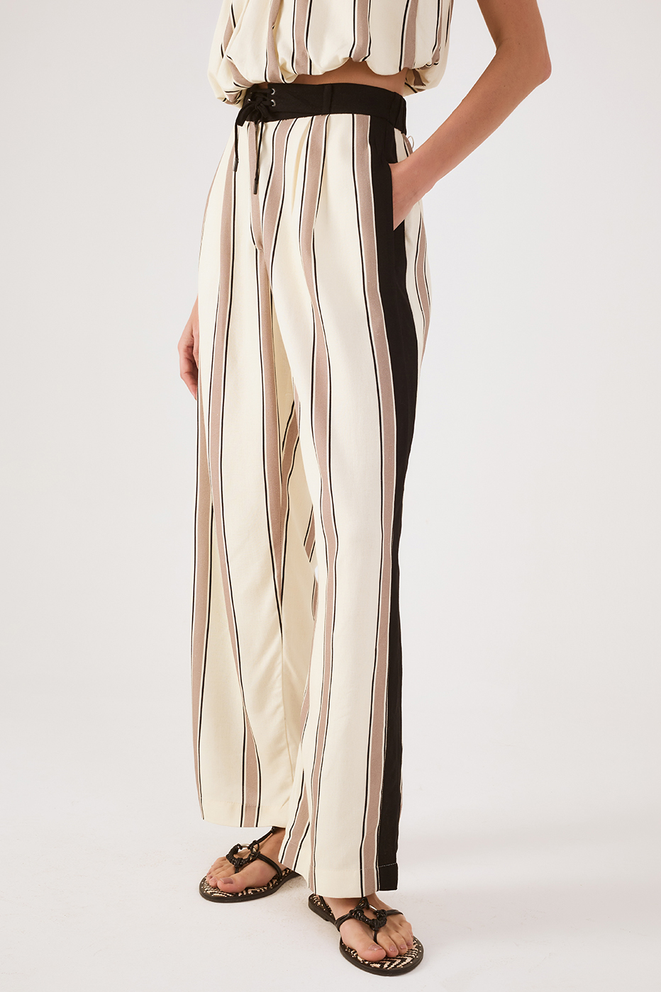 Beige Parque Stripes Drawstring Pockets Linen Pants
