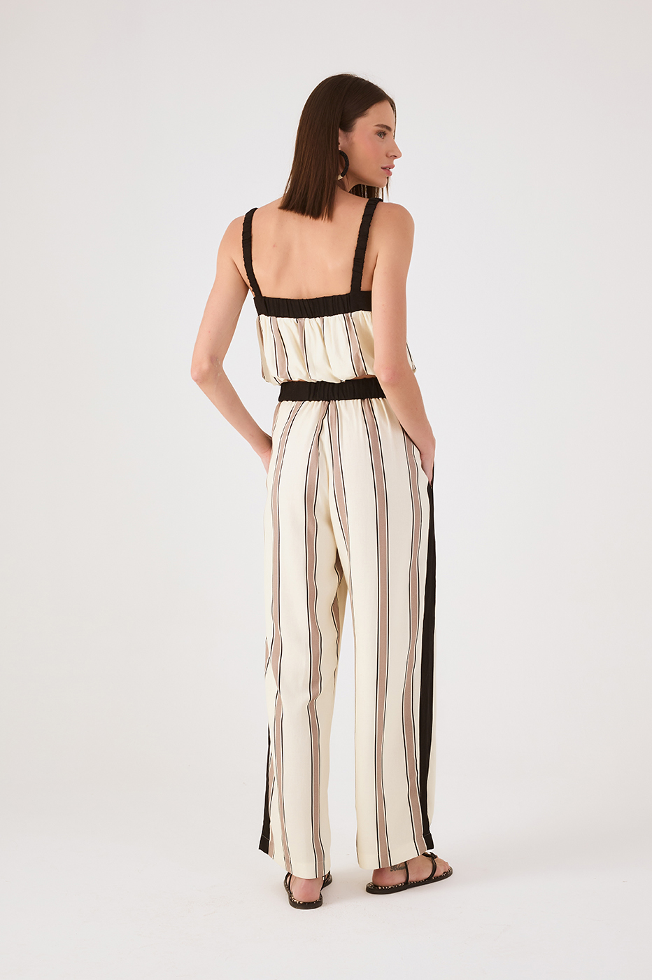 Beige Parque Stripes Drawstring Pockets Linen Pants