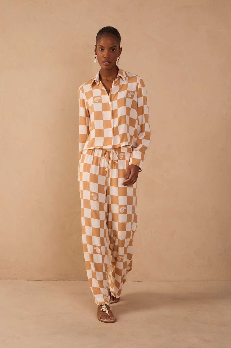Brown Concha Plaid Drawstring Pockets Wide-Leg Pants_1