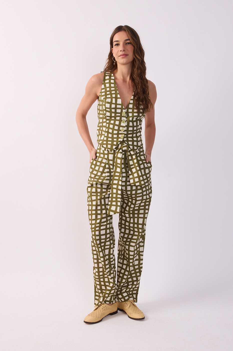 Green Trama Pockets Belted Pants_2