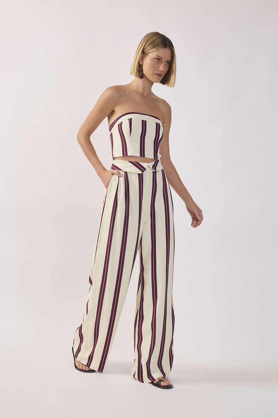 Wine Linear Flap Waist Pockets Wide-leg Pants_2