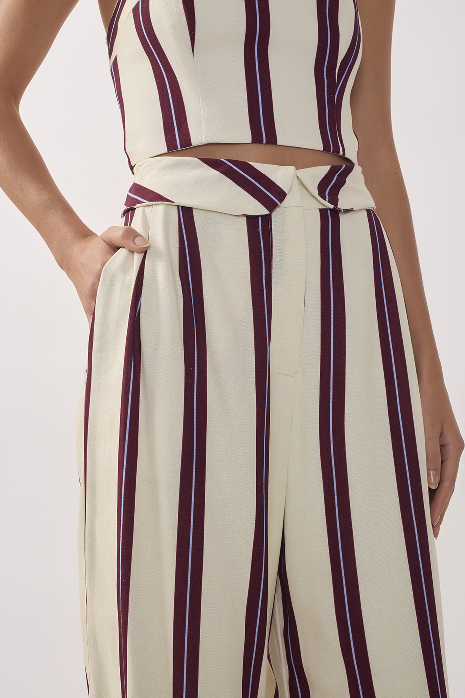 Wine Linear Flap Waist Pockets Wide-leg Pants_4