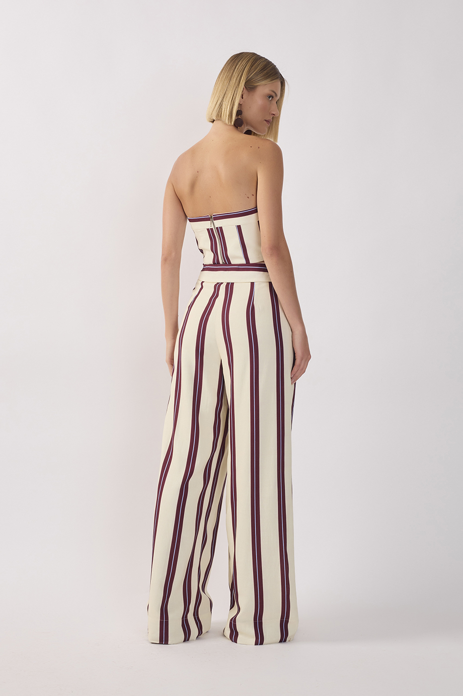 Wine Linear Flap Waist Pockets Wide-leg Pants_5