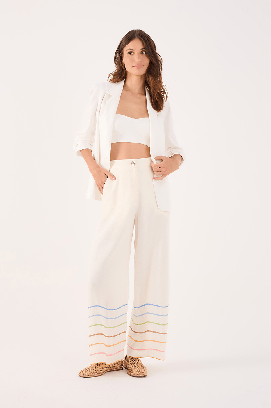 Linen Pant With Colorful Wave Embroidery