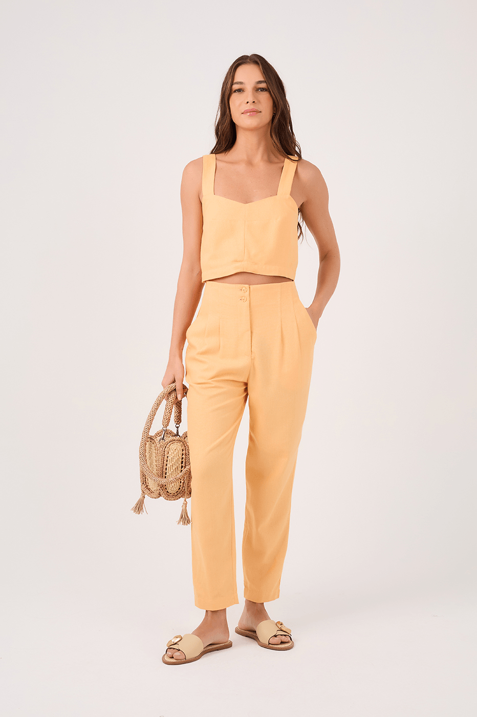 Orange Linen Pleated Pants