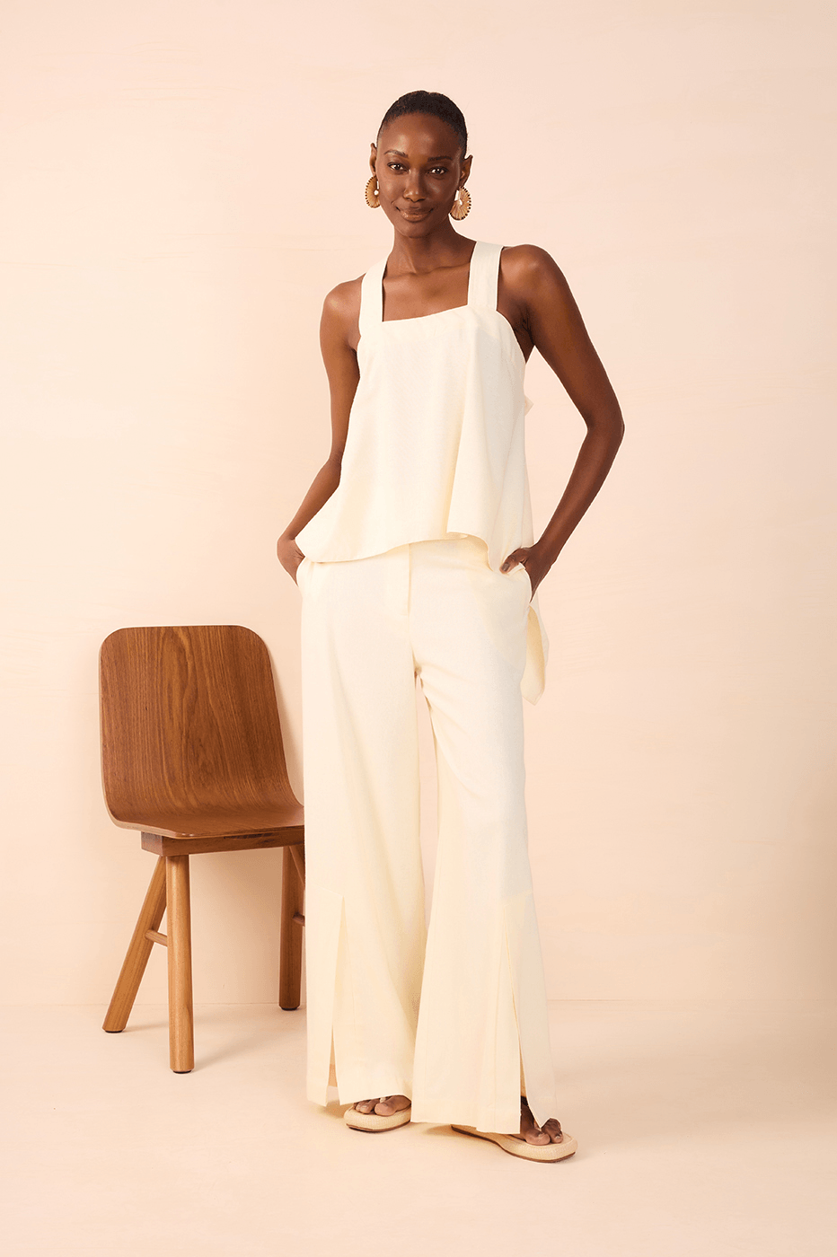 Beige Linen Pants with Hem Slit