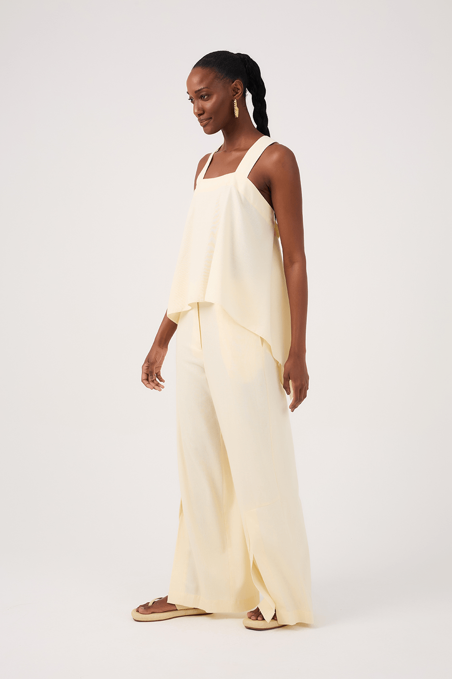 Beige Linen Pants with Hem Slit