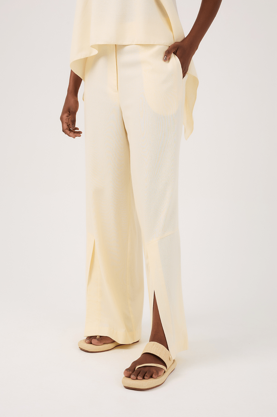 Beige Linen Pants with Hem Slit