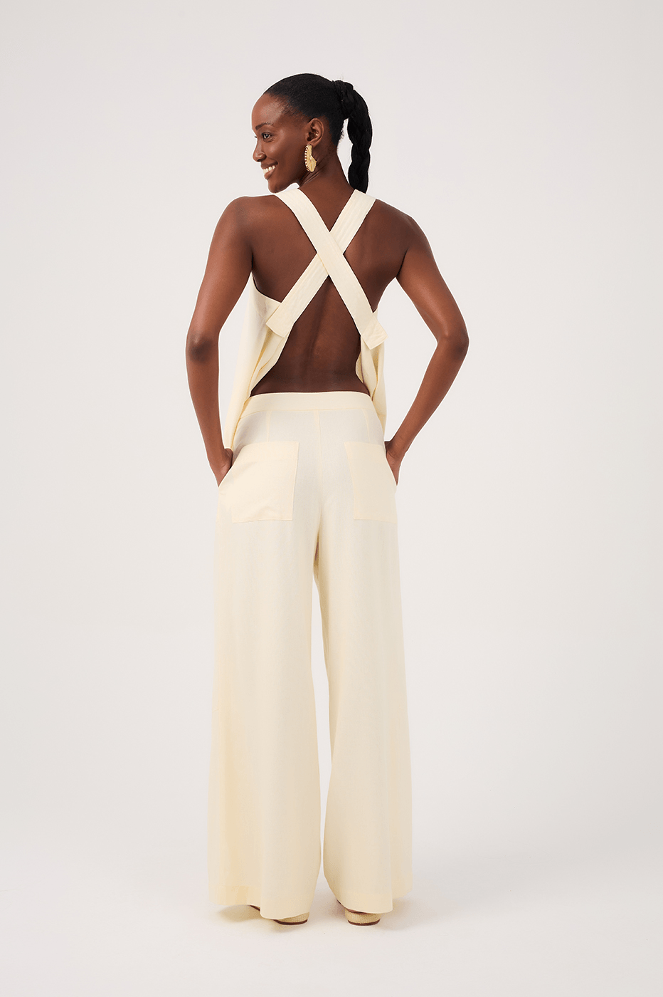 Beige Linen Pants with Hem Slit