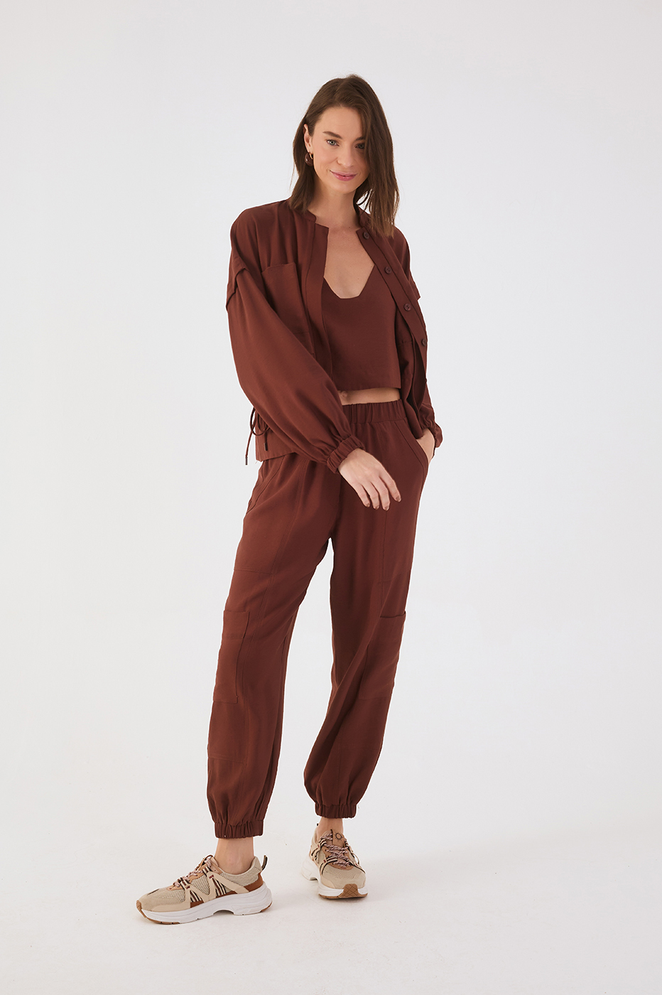 Brown Caffeine Elastic Waist Cuffs Pockets Pants