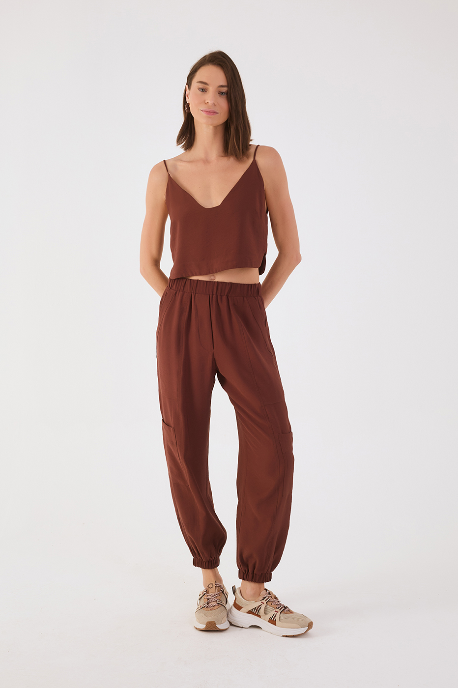 Brown Caffeine Elastic Waist Cuffs Pockets Pants