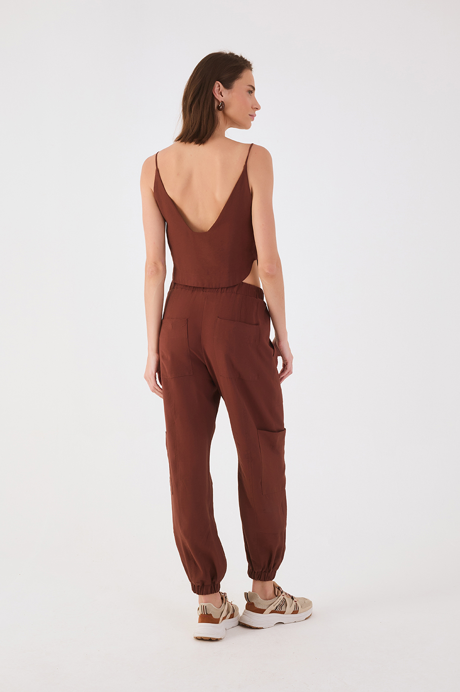Brown Caffeine Elastic Waist Cuffs Pockets Pants