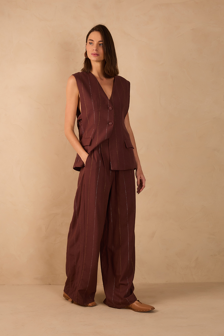 Brown Lurex Buckle Pockets Linen Pants