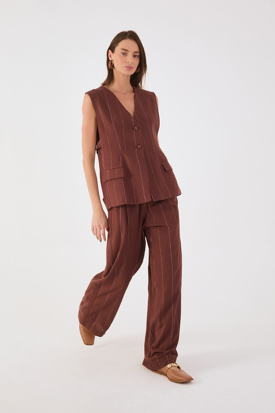 Brown Lurex Buckle Pockets Linen Pants
