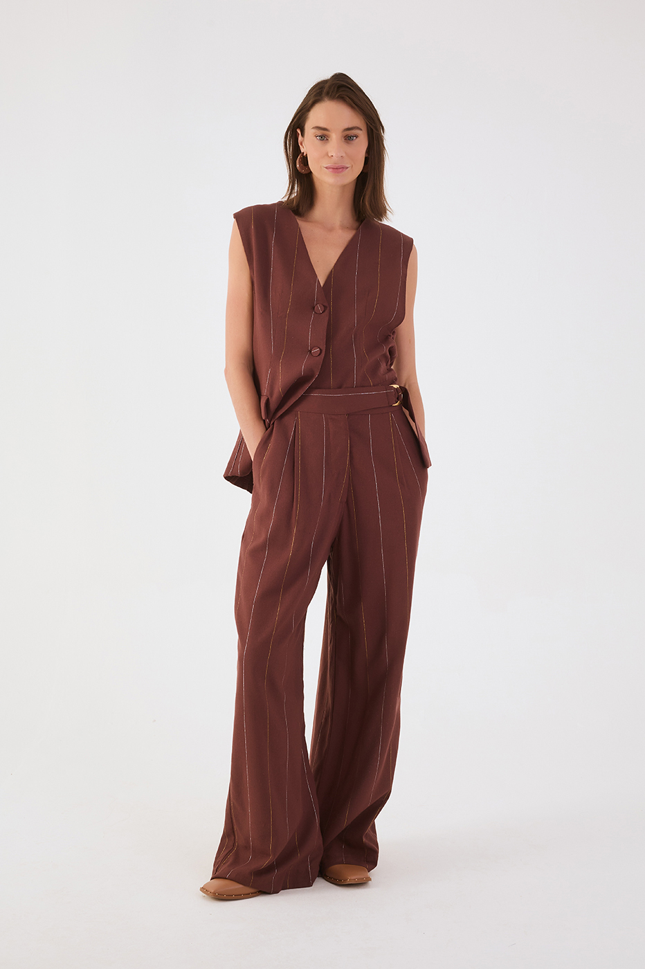 Brown Lurex Buckle Pockets Linen Pants