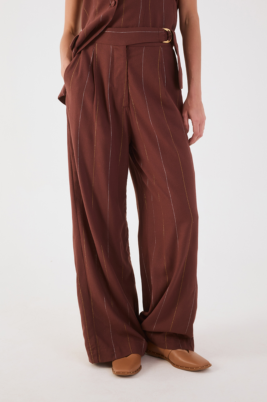 Brown Lurex Buckle Pockets Linen Pants