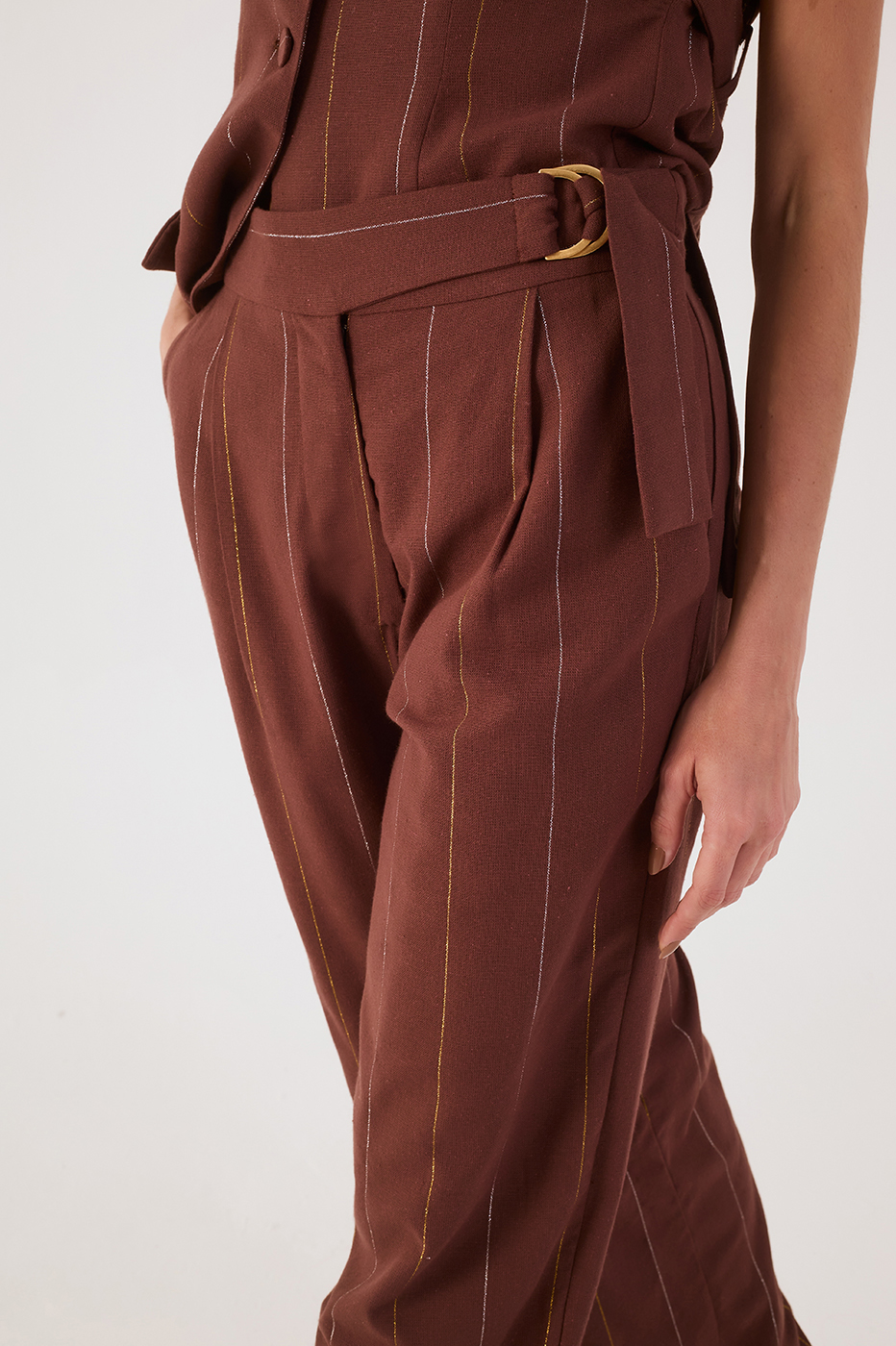 Brown Lurex Buckle Pockets Linen Pants