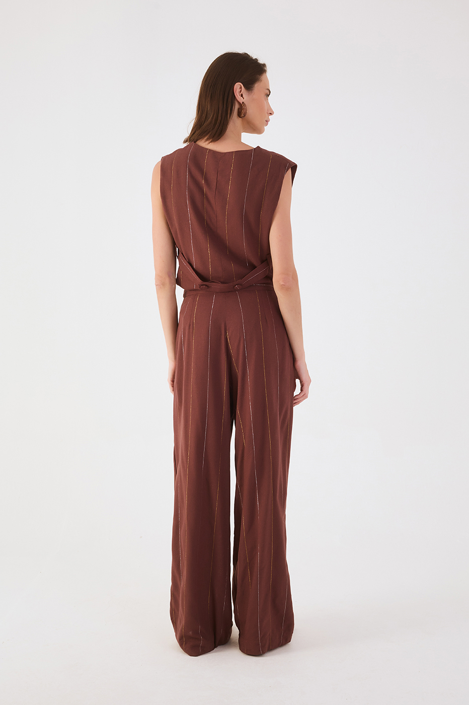 Brown Lurex Buckle Pockets Linen Pants