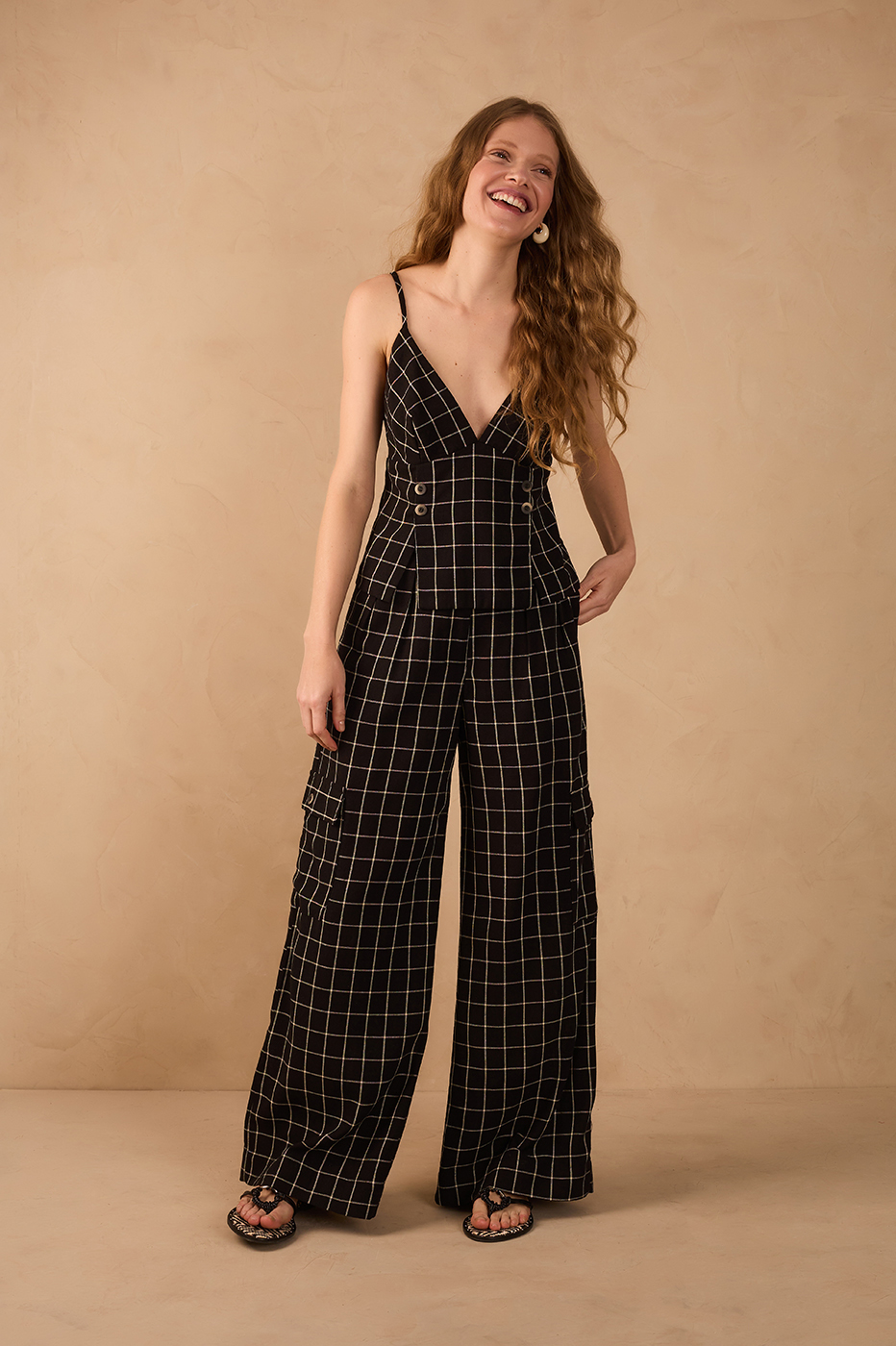 Black Pinstripe V Neck Side Pockets Linen Pants