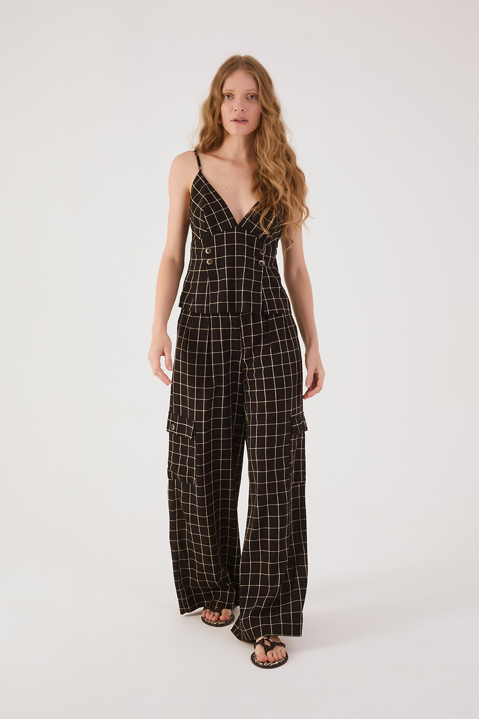 Black Pinstripe V Neck Side Pockets Linen Pants