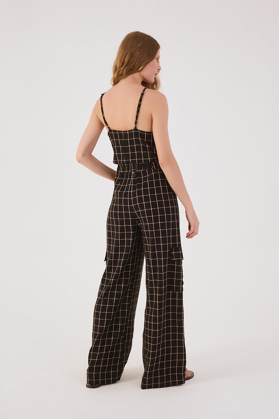 Black Pinstripe V Neck Side Pockets Linen Pants