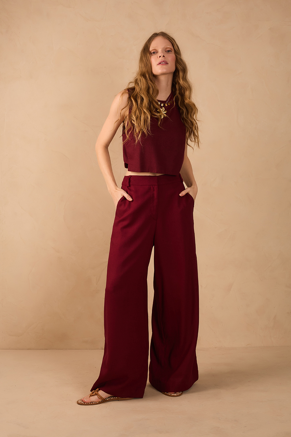 Wine Bossa Pockets Belt Loops Wide-Leg Linen Pants