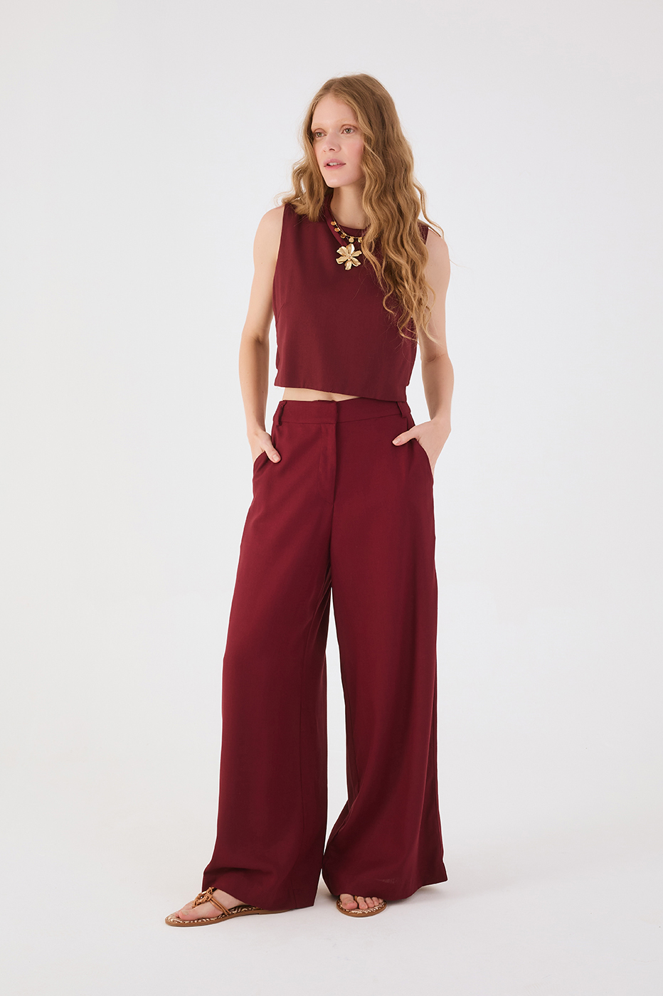 Wine Bossa Pockets Belt Loops Wide-Leg Linen Pants