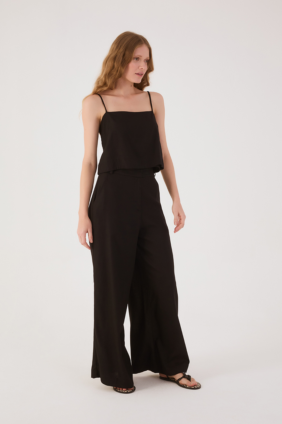 Black Pockets Belt Loops Wide-Leg Linen Pants