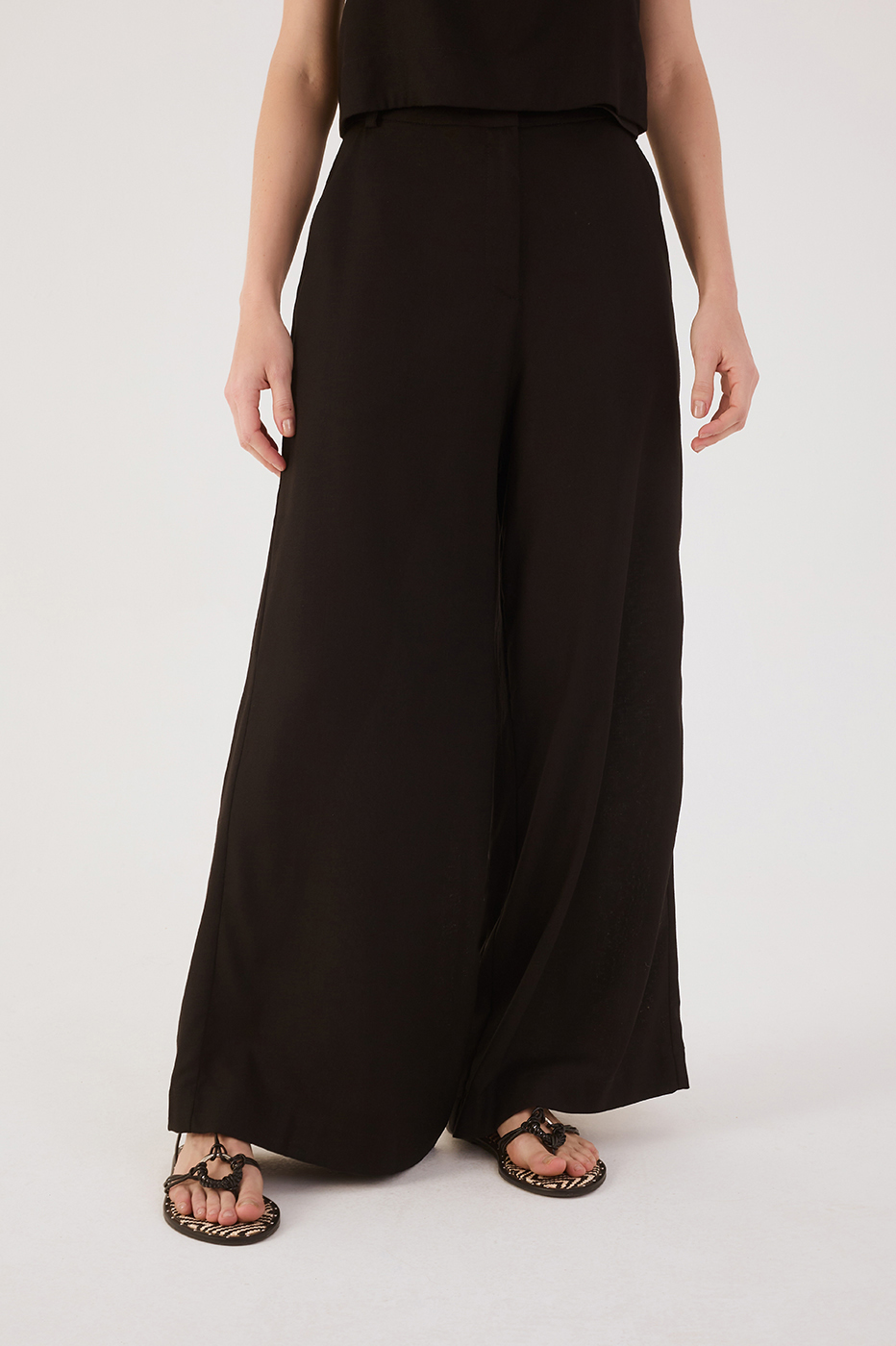 Black Pockets Belt Loops Wide-Leg Linen Pants