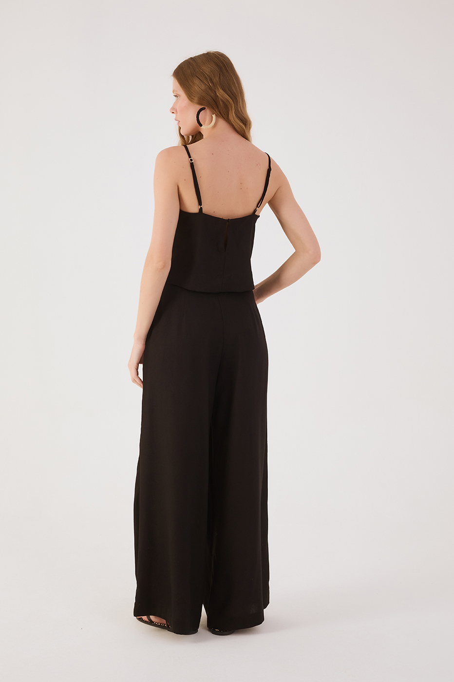 Black Pockets Belt Loops Wide-Leg Linen Pants