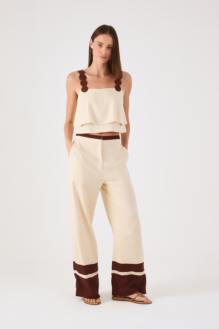 Off-White And Brown Pockets Linen Pants