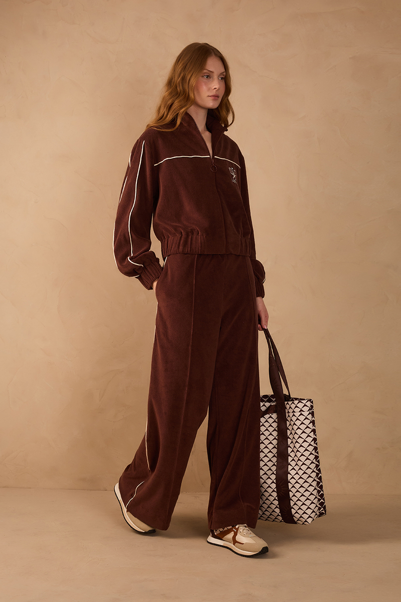 Brown Love Embroidered Drawstring Pockets Fleece Pants_1