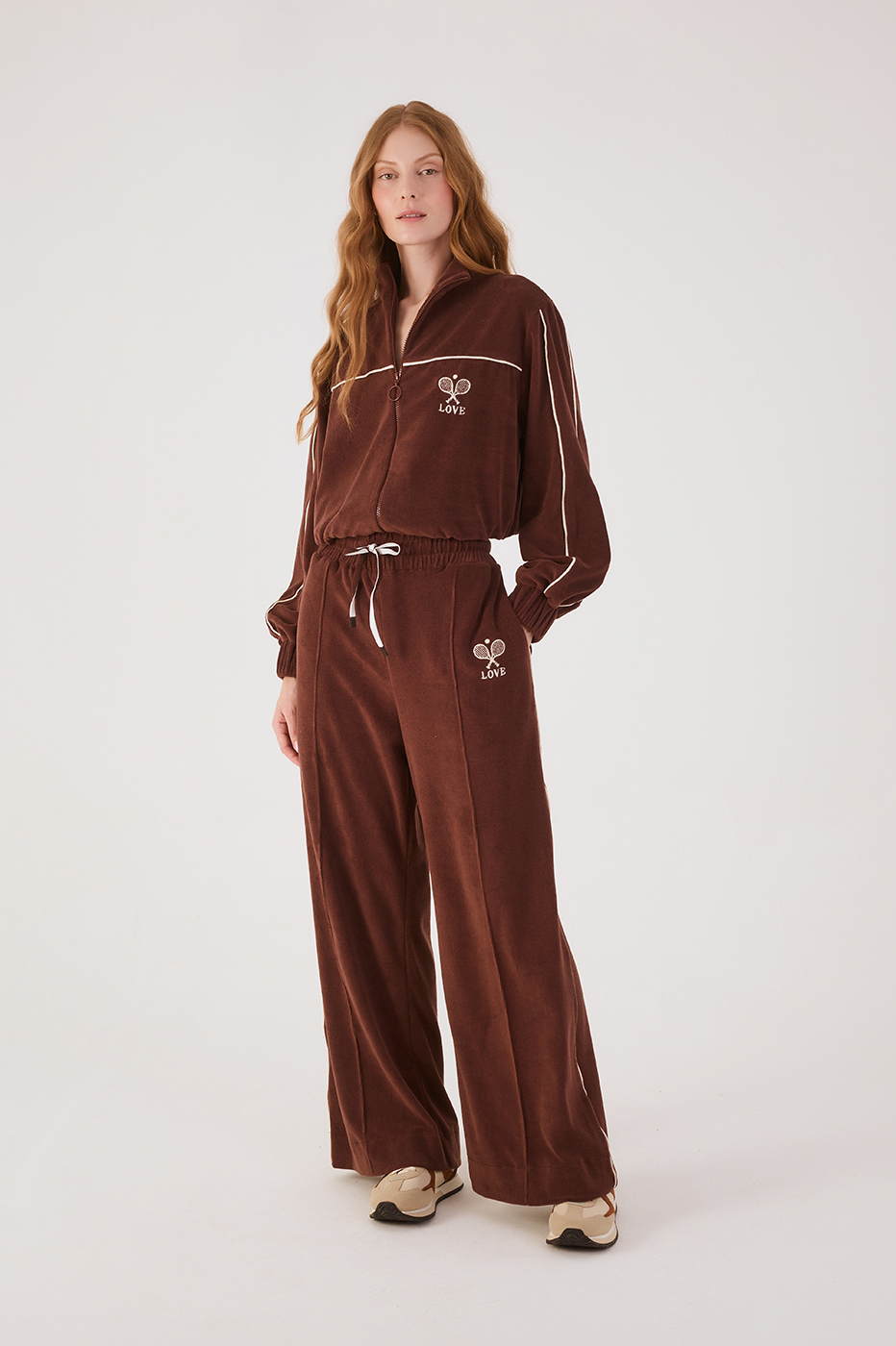 Brown Love Embroidered Drawstring Pockets Fleece Pants