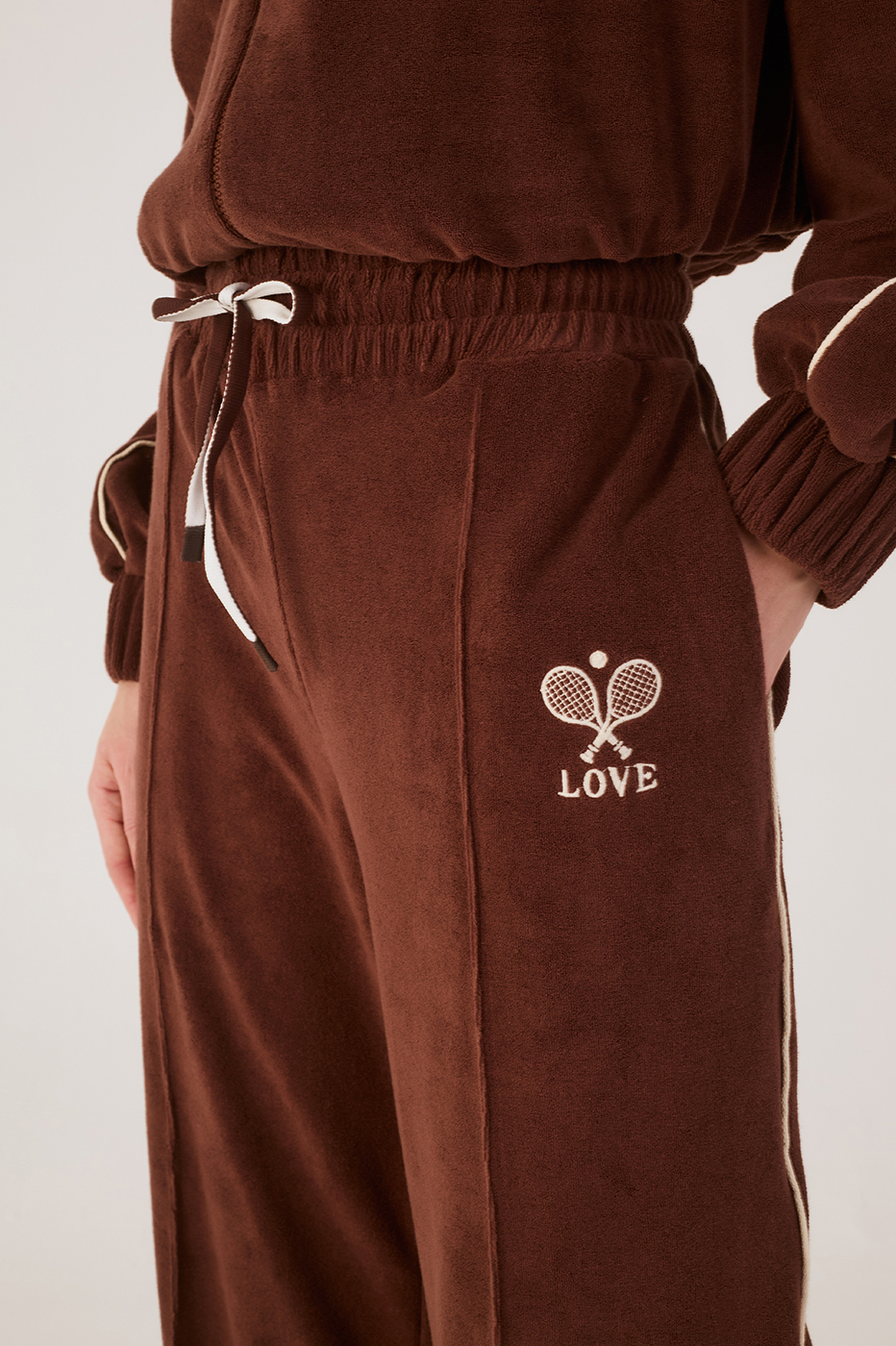 Brown Love Embroidered Drawstring Pockets Fleece Pants
