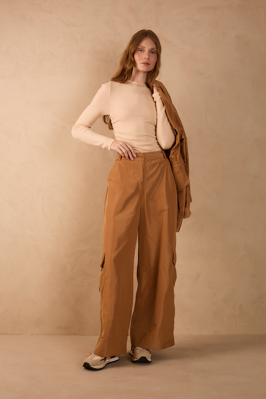 Beige Leme Elastic Waist Pockets Utility Pants
