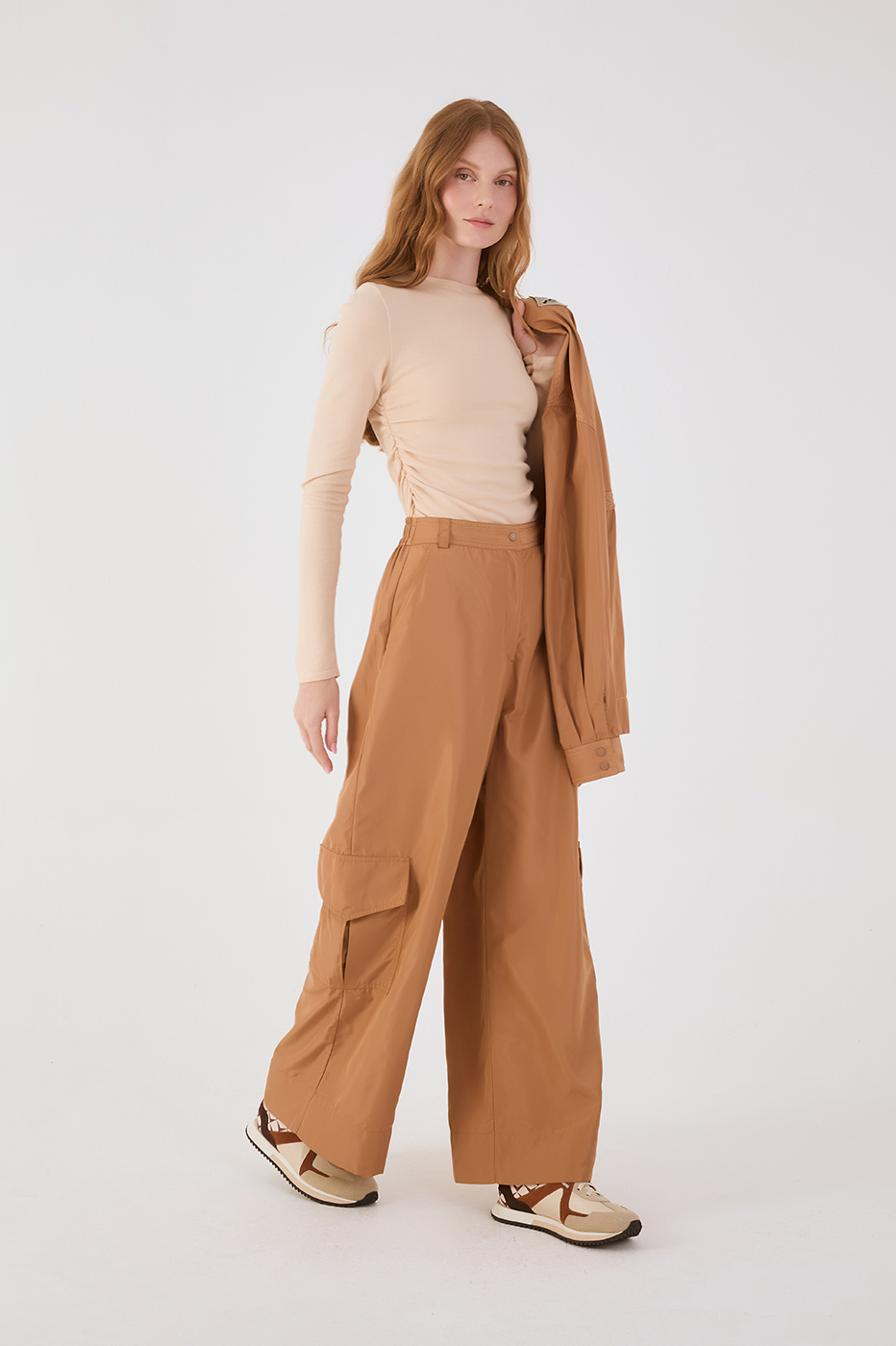 Beige Leme Elastic Waist Pockets Utility Pants