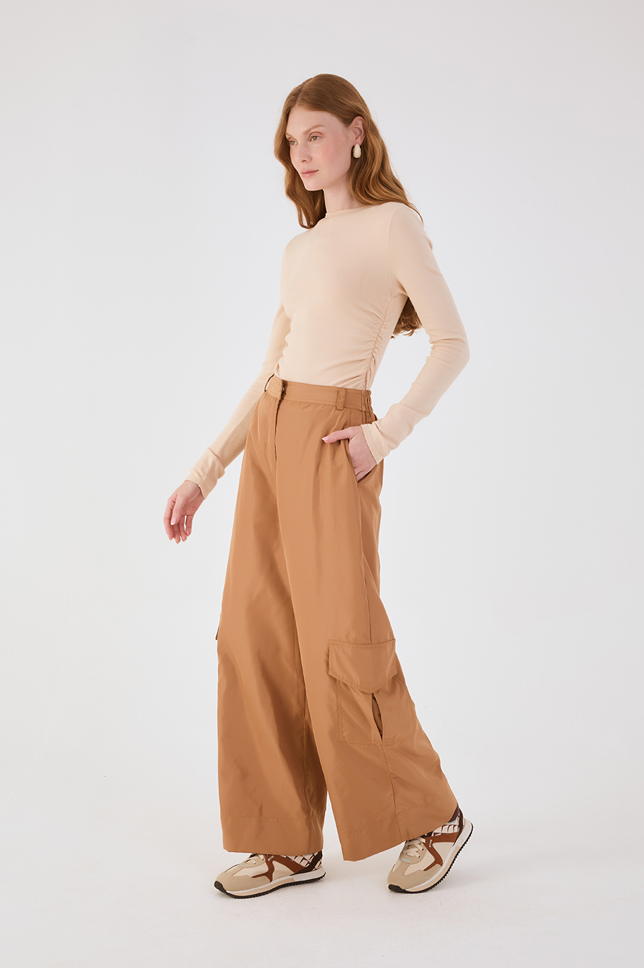 Beige Leme Elastic Waist Pockets Utility Pants